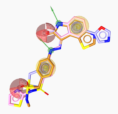 LigandScout's ligand-based pharmacophore model aligned with LS2, LS3 and LS4