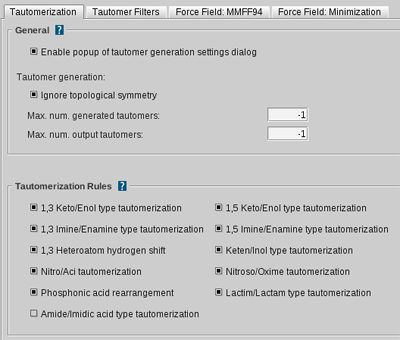 Tautomerization Settings